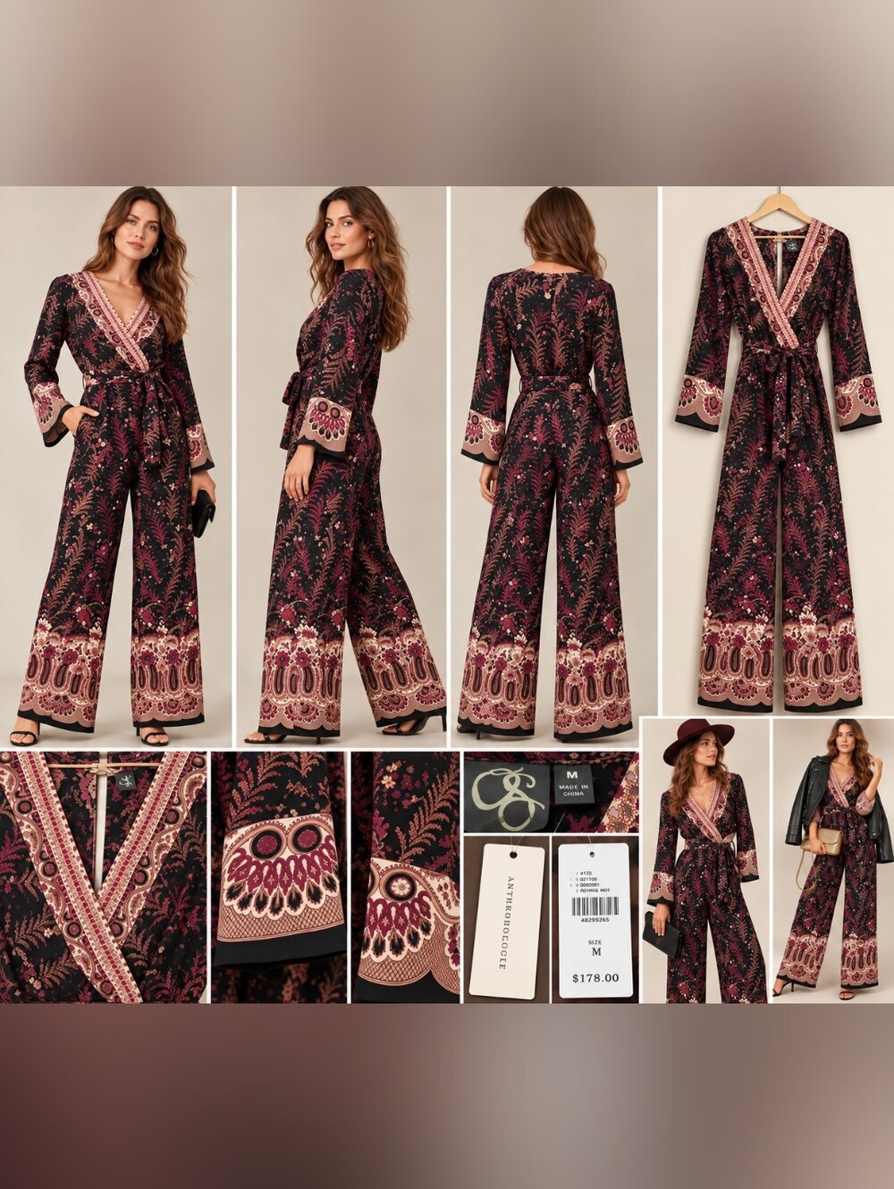 Anthropologie Black and Burgundy Embroidered Wrap-Front Jumpsuit